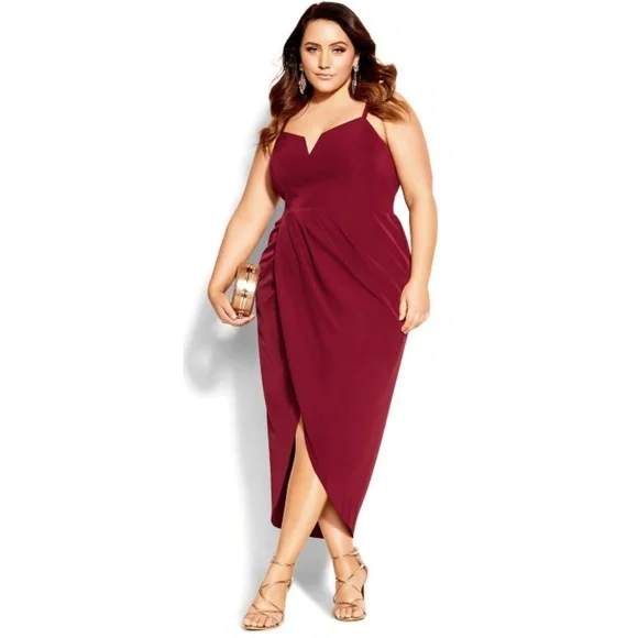 City Chic Curvy Sassy V Dress Elegant Party Event Wedding Plus Sexy Wine Red 12 - Picture 1 of 8